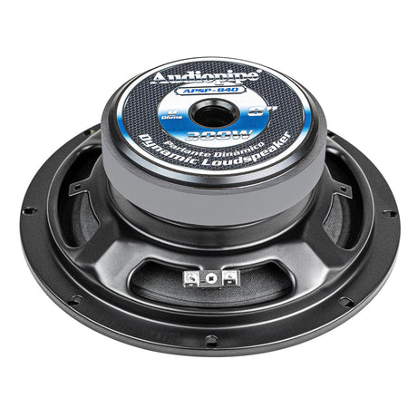 Audiopipe APSP-840 loudspeaker rear angled view showing its labeled magnet, basket and terminals