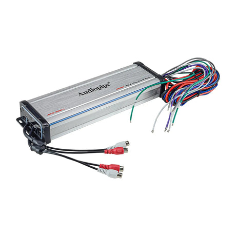 Slim silver Audiopipe amplifier with RCA leads and multicolored wiring