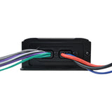 Compact amplifier end with multicolored speaker wires and separate red, black and blue leads