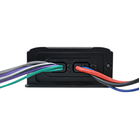 Compact amplifier end with multicolored speaker wires and separate red, black and blue leads