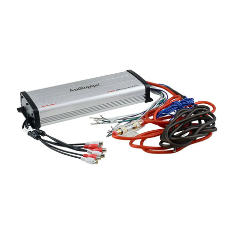 Silver Audiopipe amplifier with RCA leads, wire harnesses and coiled power cables