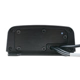 Compact amplifier end panel with black cables emerging through a rectangular grommet