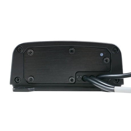 Compact amplifier end panel with black cables emerging through a rectangular grommet