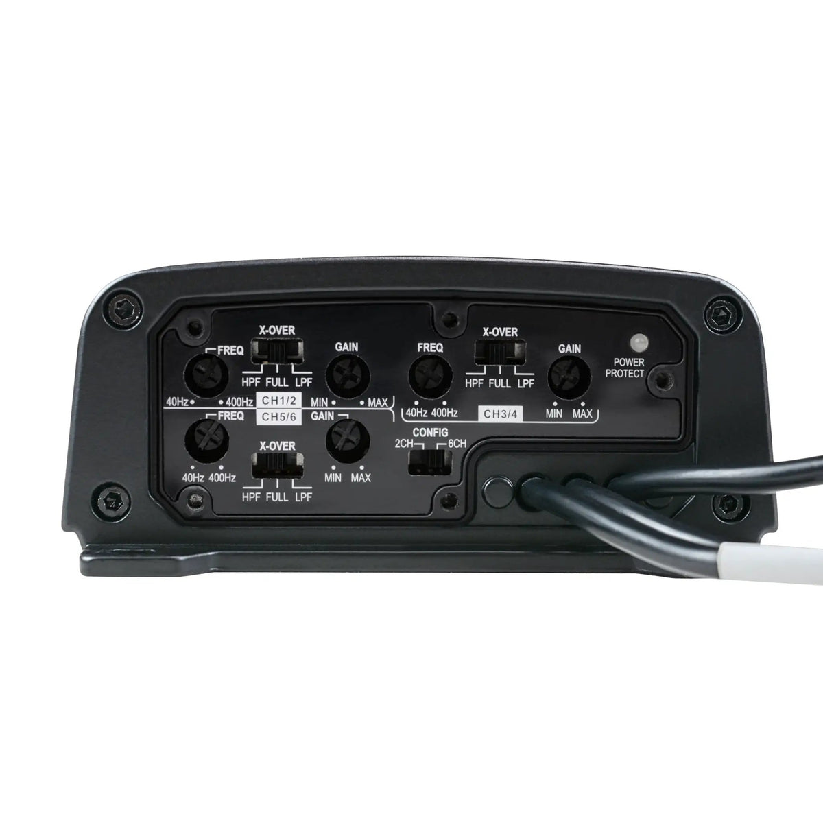 Amplifier control panel with three groups of gain and crossover adjustments and power and protection lights