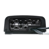 Amplifier control panel with three groups of gain and crossover adjustments and power and protection lights