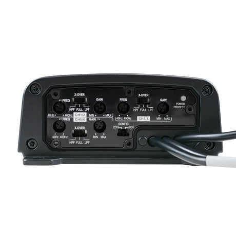 Amplifier control panel with three groups of gain and crossover adjustments and power and protection lights