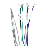 Close-up of stripped, color-coded speaker wires with printed channel labels