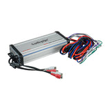Angled silver Audiopipe amplifier with RCA leads and a bundled color-coded wiring harness