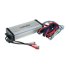 Angled silver Audiopipe amplifier with RCA leads and a bundled color-coded wiring harness