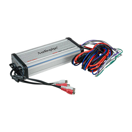 Angled silver Audiopipe amplifier with RCA leads and a bundled color-coded wiring harness