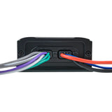 Amplifier end panel with color-coded wire leads exiting sealed openings
