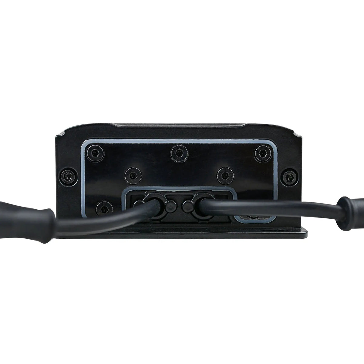 Black amplifier end cover with two thick cables passing through rubber grommets
