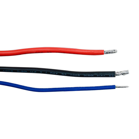 Stripped red, black and blue amplifier wire ends