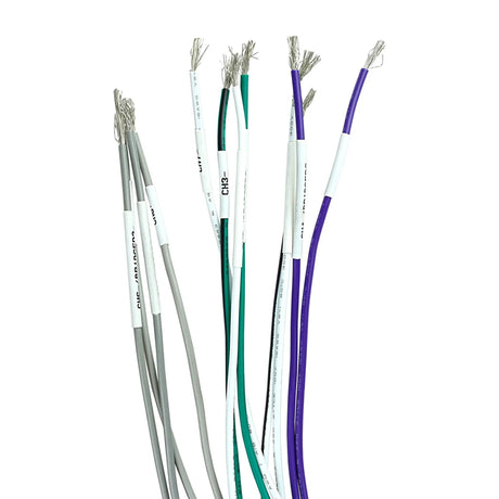 Close-up of color-coded speaker-wire ends and their printed channel-identification sleeves