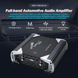 Audiopipe amplifier graphic highlighting full-band Class D operation, 2500W maximum power and 10 Hz–20 kHz response