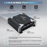 Audiopipe amplifier features: 7.9 by 8.3 by 2.4 inches, high- and low-pass filters and four-point protection