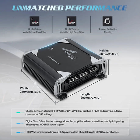 Audiopipe amplifier features: 7.9 by 8.3 by 2.4 inches, high- and low-pass filters and four-point protection