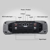 Audiopipe amplifier control diagram labeling front and rear RCA inputs, level controls, crossovers and status lights