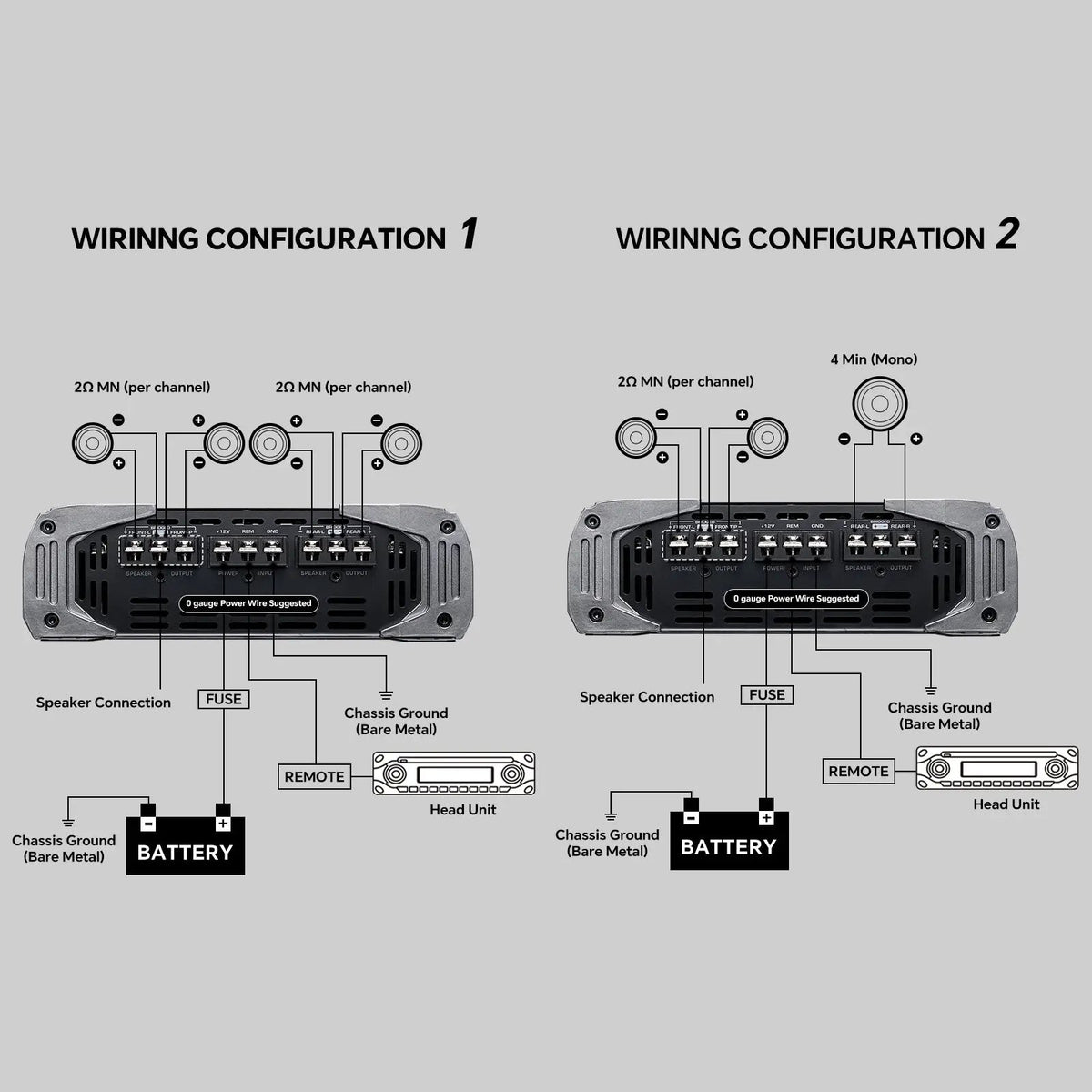 Audiopipe amplifier wiring diagrams for four 2-ohm-minimum speakers or two speakers and a 4-ohm-minimum bridged load