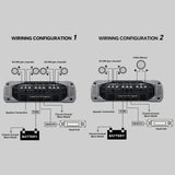 Audiopipe amplifier wiring diagrams for four 2-ohm-minimum speakers or two speakers and a 4-ohm-minimum bridged load