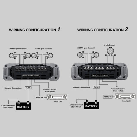 Audiopipe amplifier wiring diagrams for four 2-ohm-minimum speakers or two speakers and a 4-ohm-minimum bridged load