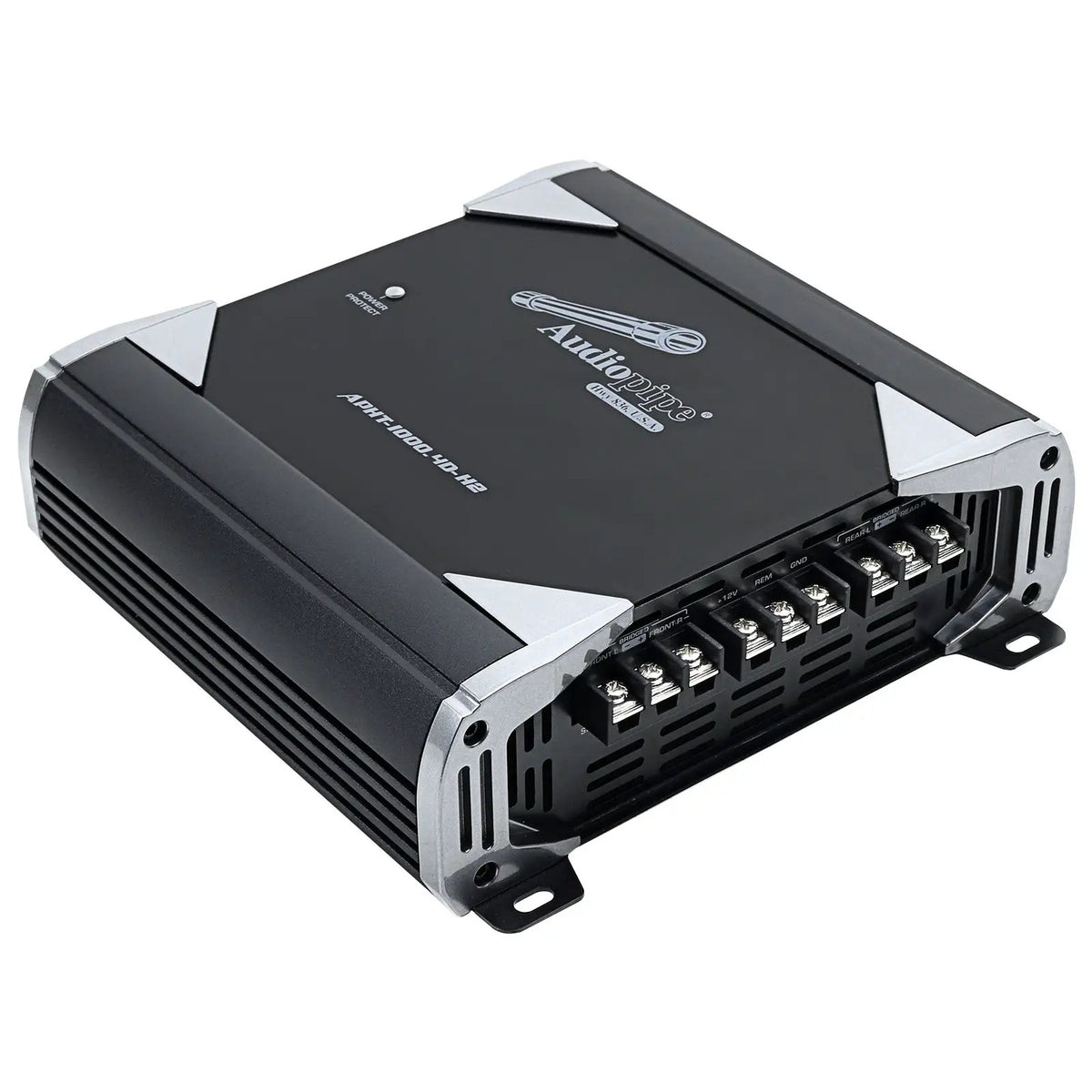 Audiopipe APHT-1000.4D-H2 amplifier with silver corner trim, viewed from its screw-terminal end