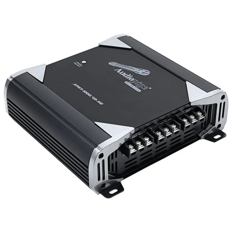 Audiopipe APHT-1000.4D-H2 amplifier with silver corner trim, viewed from its screw-terminal end