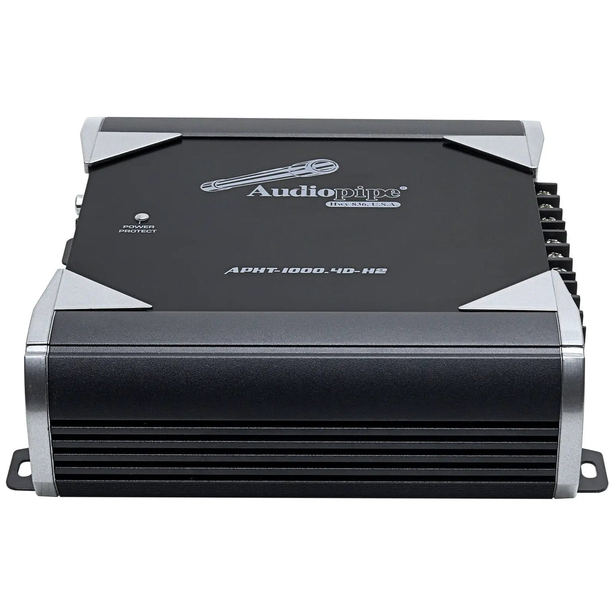 Black Audiopipe amplifier top angle with silver corner trim and a front heat sink