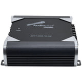 Black Audiopipe amplifier top angle with silver corner trim and a front heat sink