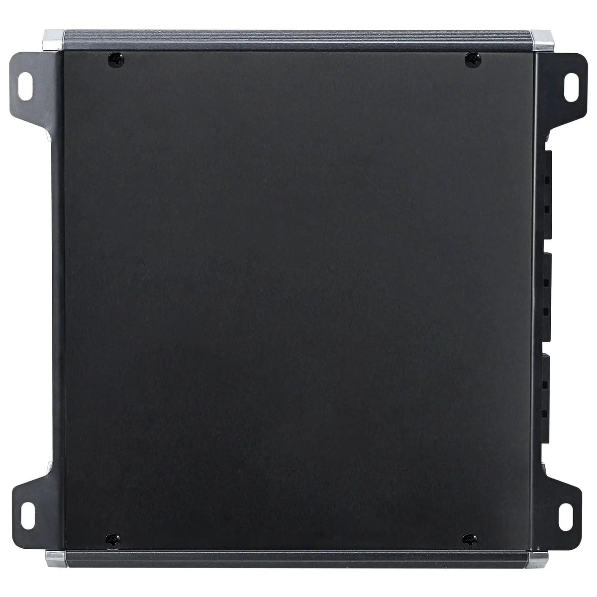 Amplifier underside showing a plain black cover and slotted mounting tabs