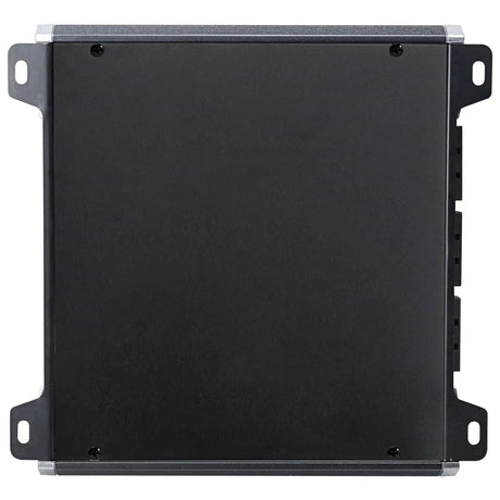 Amplifier underside showing a plain black cover and slotted mounting tabs
