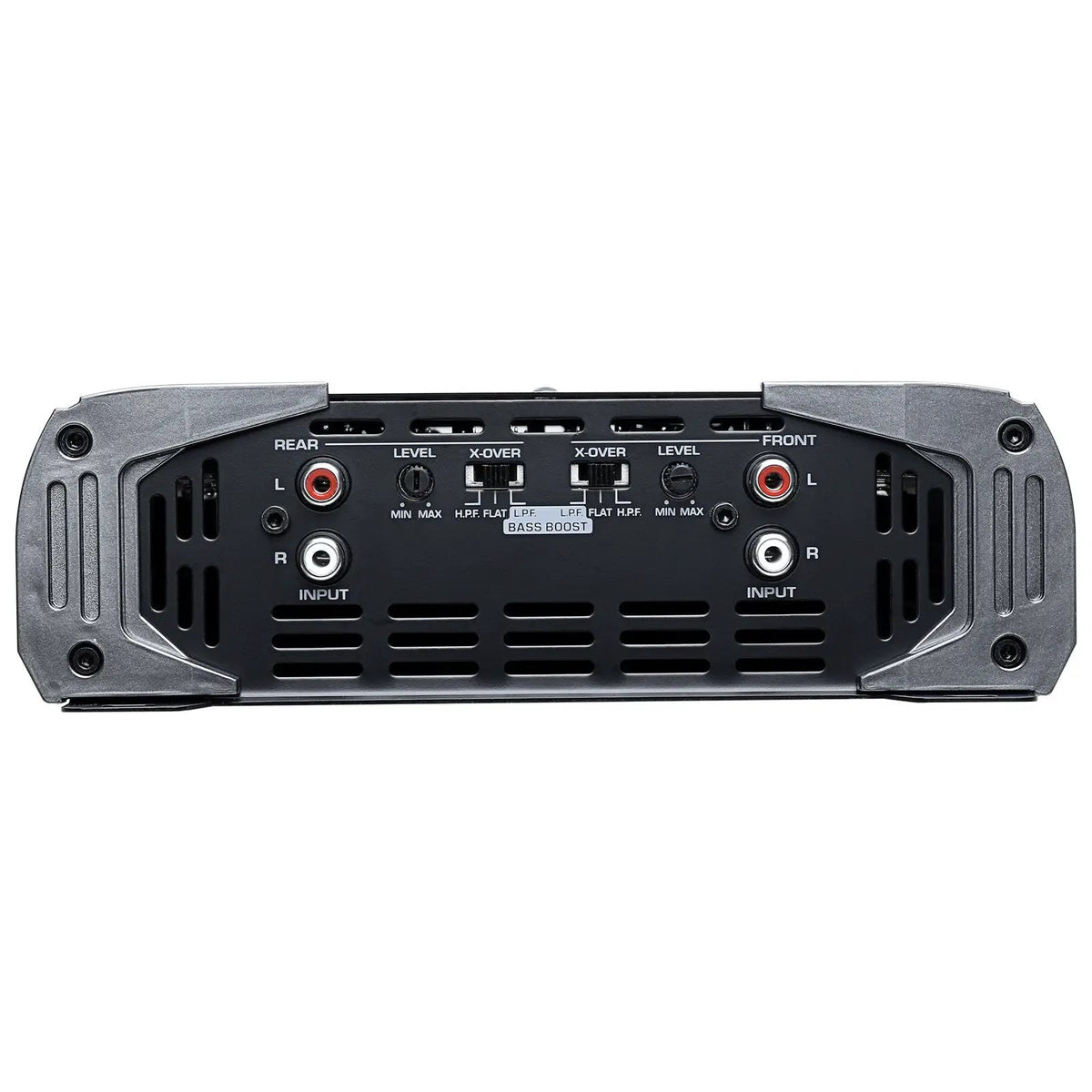 Amplifier input panel showing front and rear RCA inputs, level knobs and crossover switches