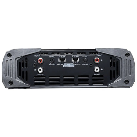 Amplifier input panel showing front and rear RCA inputs, level knobs and crossover switches