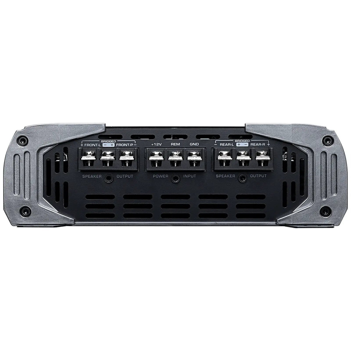Amplifier end panel showing four-channel speaker outputs and power-input terminals