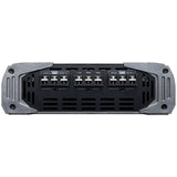 Amplifier end panel showing four-channel speaker outputs and power-input terminals