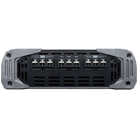 Amplifier end panel showing four-channel speaker outputs and power-input terminals