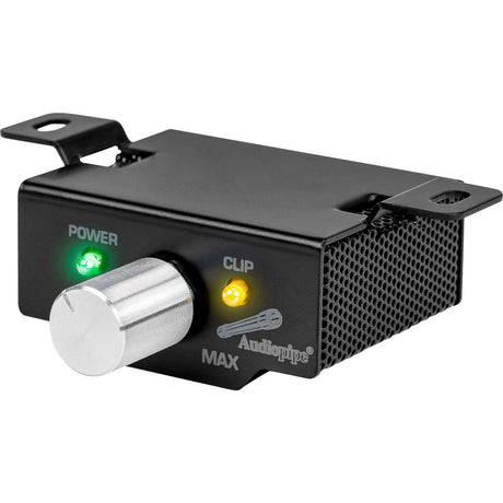 Amplifier remote control with a silver knob and power and clip indicators