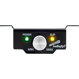 Amplifier remote with silver knob and green power and yellow clip indicators