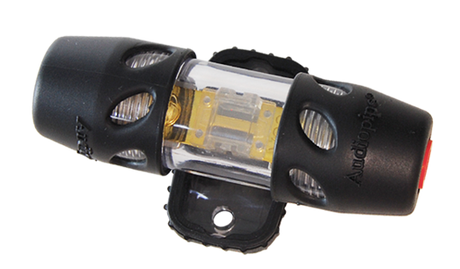 Audiopipe inline fuse holder with a transparent center, black end caps and mounting base