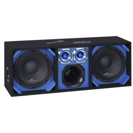 Audiopipe speaker enclosure with blue trim, two woofers, two tweeters and a center port, angled view