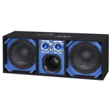 Black Audiopipe enclosure with blue trim, two speakers, two silver tweeters and a central round port