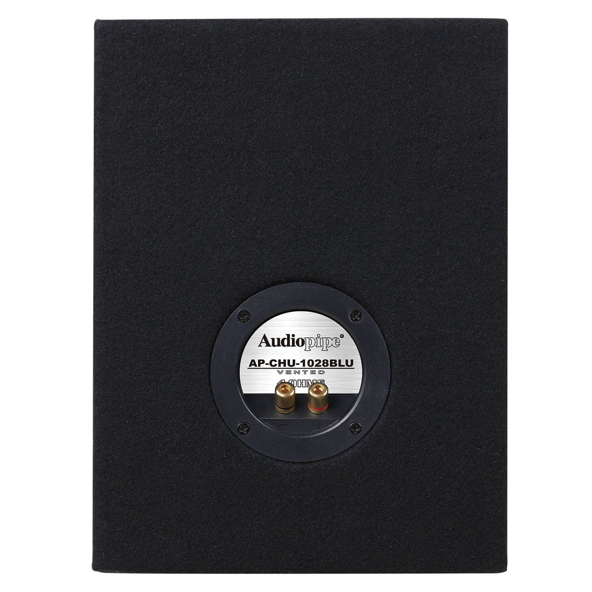Enclosure terminal cup marked Audiopipe AP-CHU-1028BLU, vented, 4 ohms, with two gold binding posts