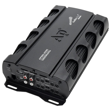 Angled Audiopipe APMQ-4095 amplifier showing RCA inputs and adjustment controls