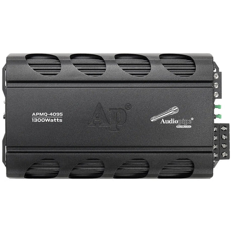 Top of an Audiopipe APMQ-4095 amplifier with vented edges and a printed 1300-watt label