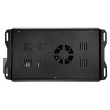 Bottom view of a black amplifier with cooling slots, a central fan and slotted mounting tabs