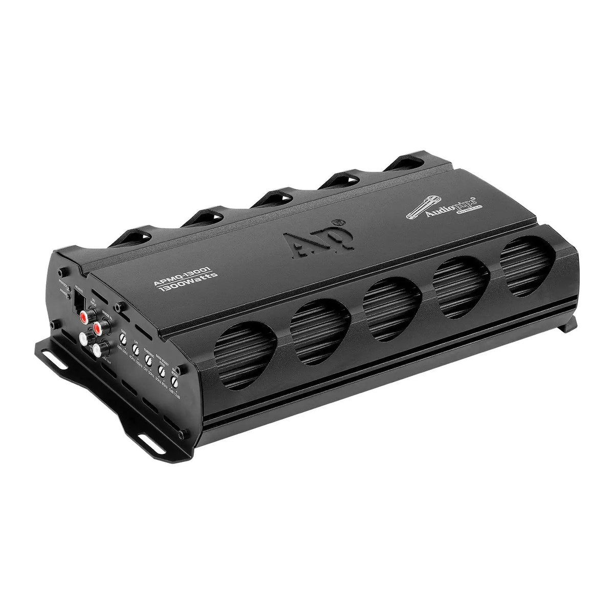 Angled Audiopipe APMQ-13001 amplifier showing its vented housing, RCA inputs and adjustment controls