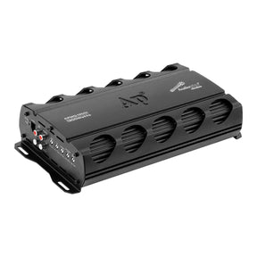 Angled Audiopipe APMQ-13001 amplifier showing its vented housing, RCA inputs and adjustment controls