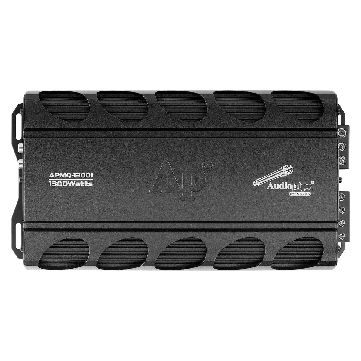 Audiopipe APMQ-13001 amplifier top view with a black finned housing and embossed AP logo