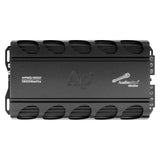 Audiopipe APMQ-13001 amplifier top view with a black finned housing and embossed AP logo