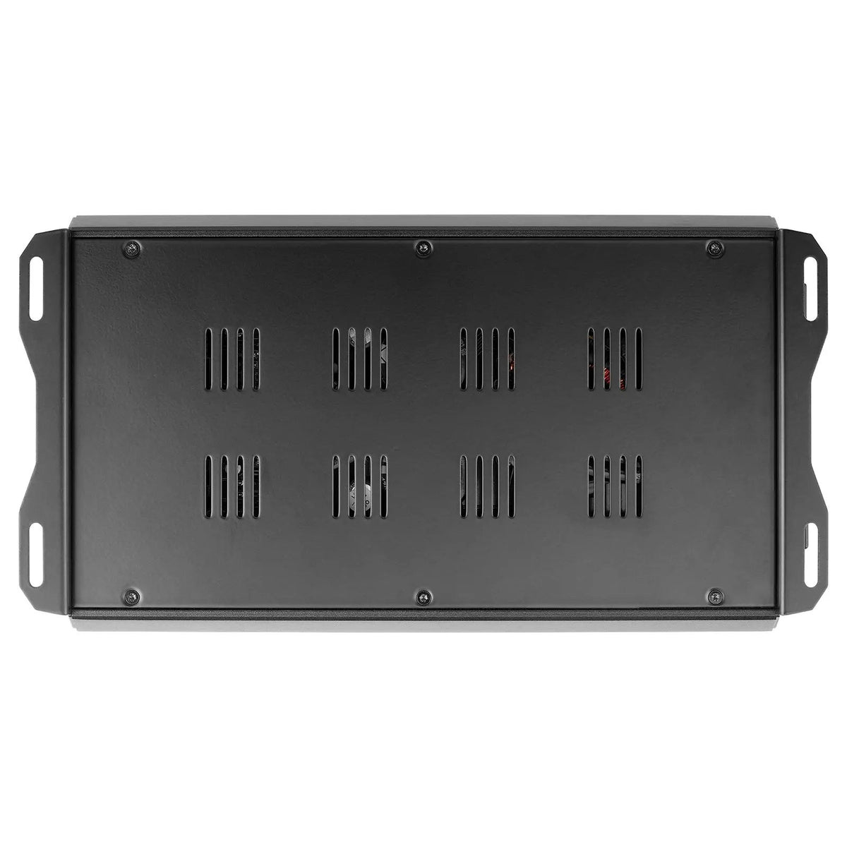 Underside of black amplifier showing ventilation slots, screws and mounting tabs